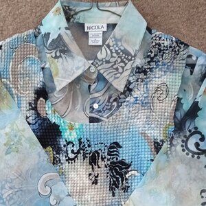 NICOLA 2 PC ENSEMBLE. LONG SLEEVE, SHEER COLLARED SHIRT & CRINKLE CUT TANK TOP